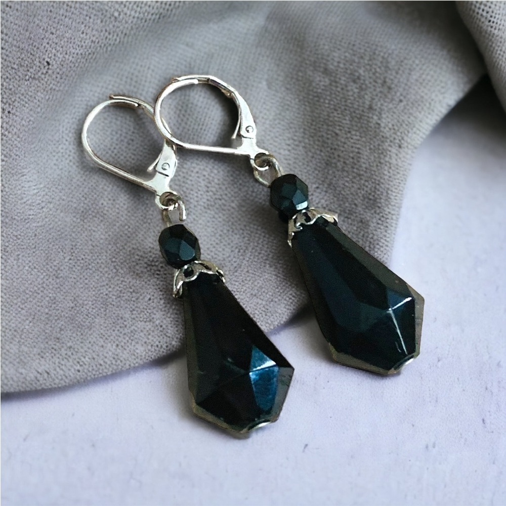 Pretty Handmade Black Beaded Dangle Earrings Sterling Silver Leverback Earrings